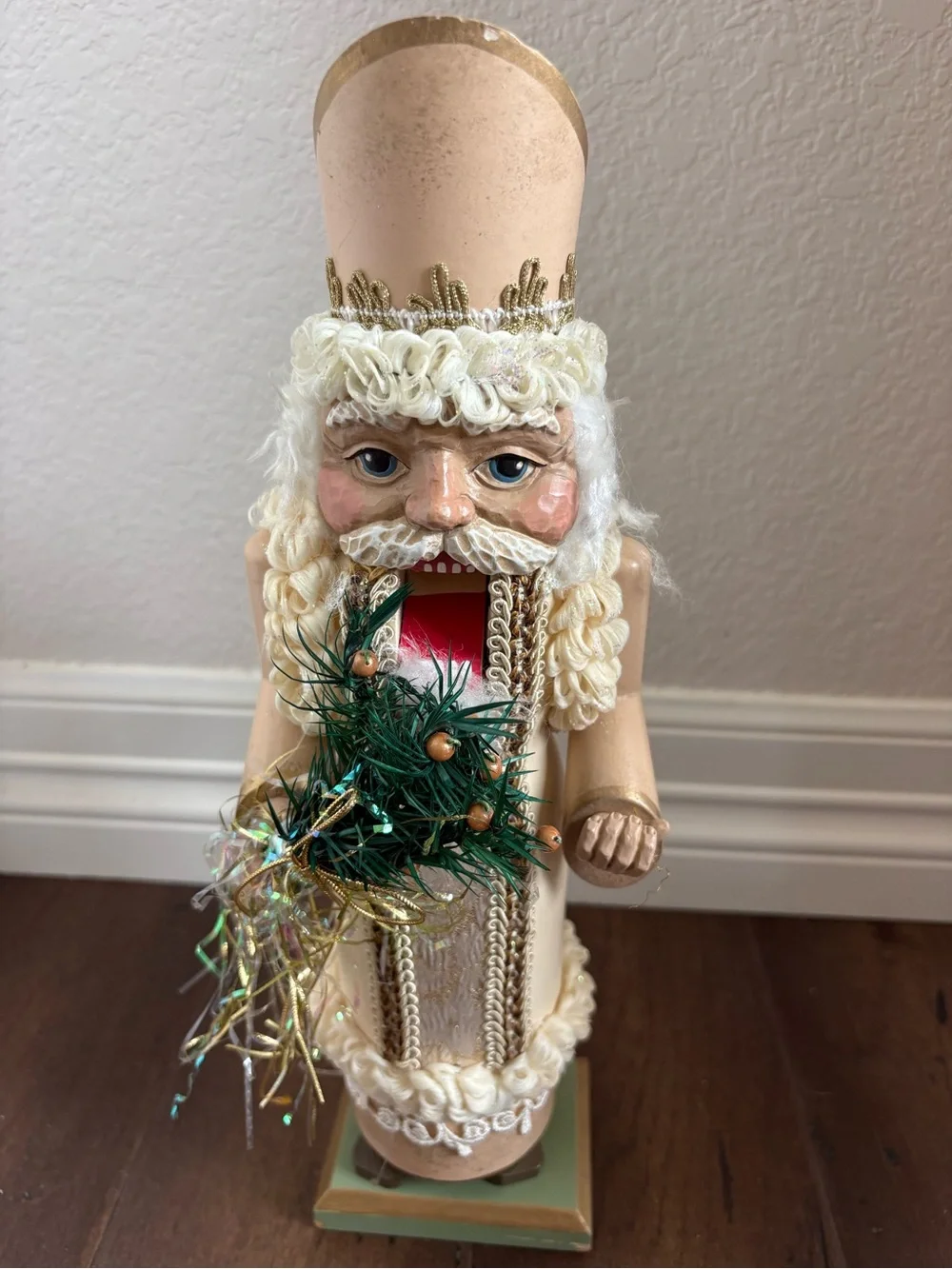 Vintage Wooden Santa Claus Nutcracker Figurine White Gold Elegant Holiday Decor